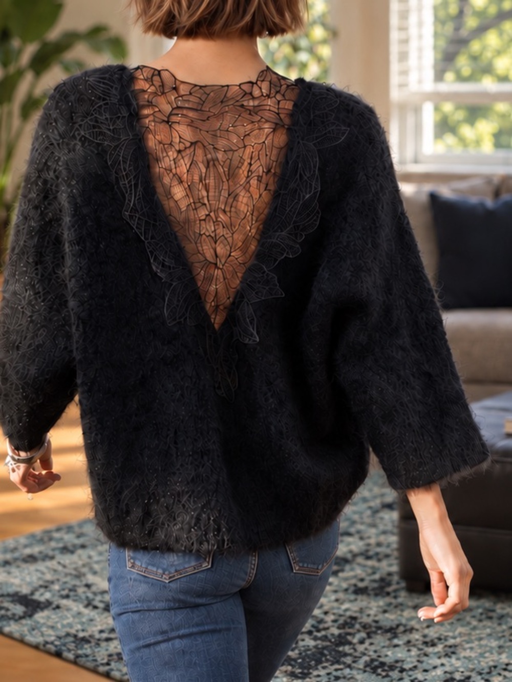 Zara Soft Black Fuzzy Knit Floral Lace Combination Sweater NWT M Women